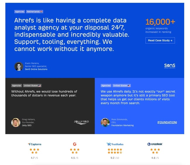 ahref’s customer quotes, testimonial page examples