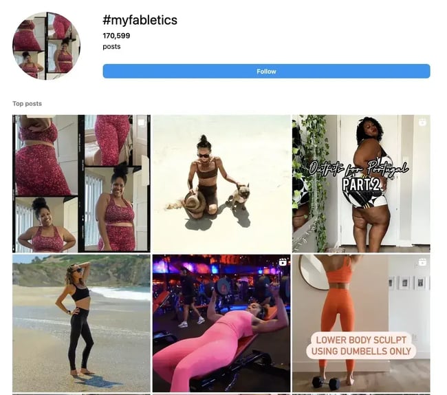 fabletics use of instagram hashtags as a testimonial